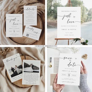 May include: A set of wedding stationery with a minimalist design. The cards are white with black calligraphy and feature the phrase "Nothing Fancy, Just Love." The cards include a save the date, invitation, RSVP, and thank you card.