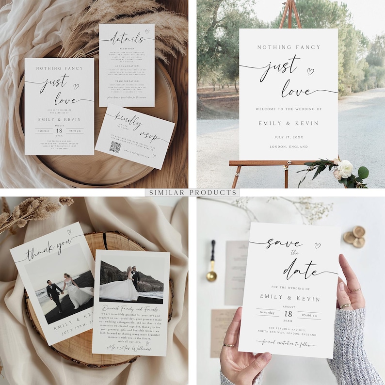 May include: A set of wedding stationery with a minimalist design. The cards are white with black calligraphy and feature the phrase "Nothing Fancy, Just Love." The cards include a save the date, invitation, RSVP, and thank you card.