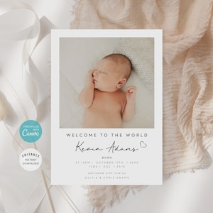 Plantilla de tarjeta de anuncio de nacimiento, foto de bebé recién nacido boho, tarjeta de bienvenida para bebé, tarjeta de anuncio de nacimiento con foto imprimible, B-51