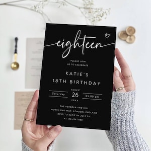Modèle d'invitation modifiable pour 18e anniversaire, 18e anniversaire d'invitation, carte de fête pour 18e anniversaire, noir, téléchargement immédiat, AI-113