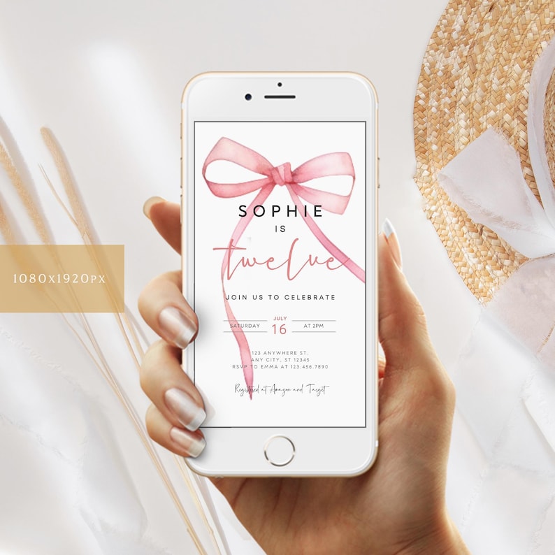 May include: A pink watercolor bow with the text "Sophie is twelve" on a white background. The text "Join us to celebrate" is below the bow. The date and time of the event are listed below the text. The text "RSVP to Emma at 123.454 7890" is at the bottom of the invitation.