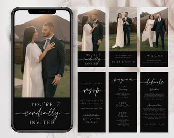 May include: A black and white wedding invitation suite with a modern calligraphy font. The invitation includes a photo of the couple, the wedding date, and the wedding program. The RSVP card includes the couple's names and email address. The details card includes the wedding venue and website.