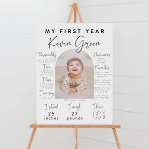 Modello di poster per il traguardo del primo compleanno, cartello modificabile con le statistiche del primo compleanno, tabellone minimalista per il traguardo del primo anno, download immediato, MS-02