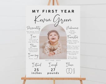 May include: A white poster board with a black border and the text "My First Year Kevin Green" at the top. A photo of a baby boy is in the center of the poster. The poster lists the baby's personality, nicknames, favorites, and milestones. The baby is 25 inches tall and weighs 27 pounds. The poster also states that the baby has 5 teeth.