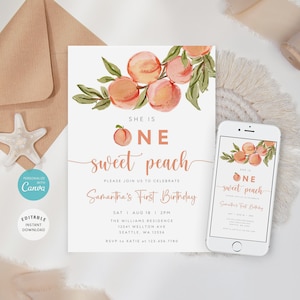 Peach First Birthday Invitation Template, One Sweet Peach Birthday Invite, Editable 1st Birthday Invitation, Text Message Invite, B-249