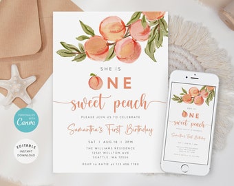 Peach First Birthday Invitation Template, One Sweet Peach Birthday Invite, Editable 1st Birthday Invitation, Text Message Invite, B-249
