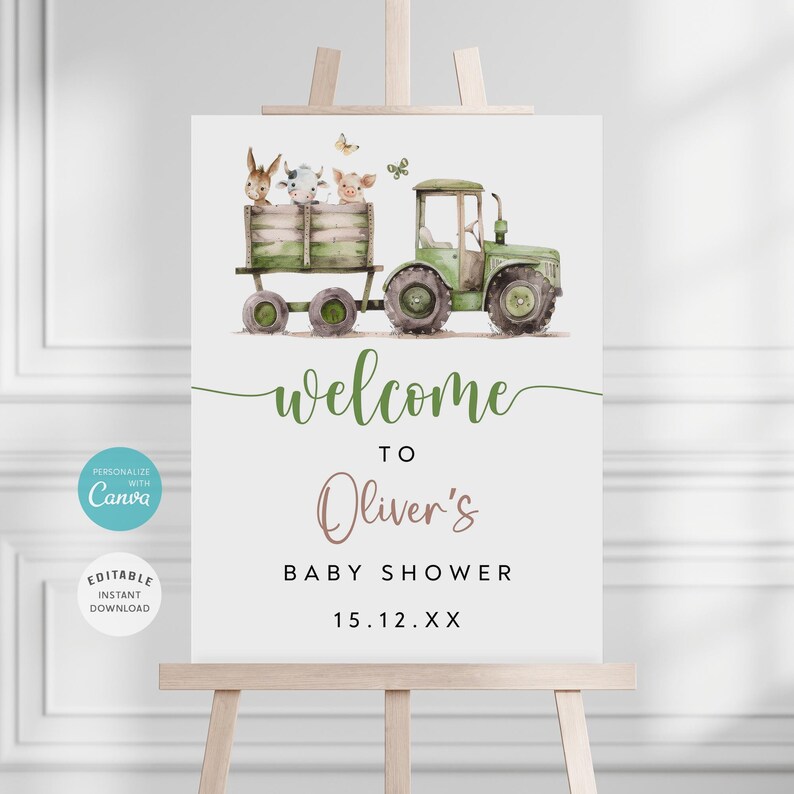 Farm Animals Baby Shower Welcome Sign, Green Tractor (instant Download ...
