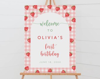 Panneau de bienvenue modifiable pour le premier anniversaire de la fraise (téléchargement numérique)