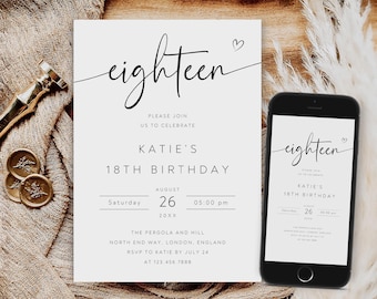 Modèle modifiable d'invitation pour 18e anniversaire (numérique)