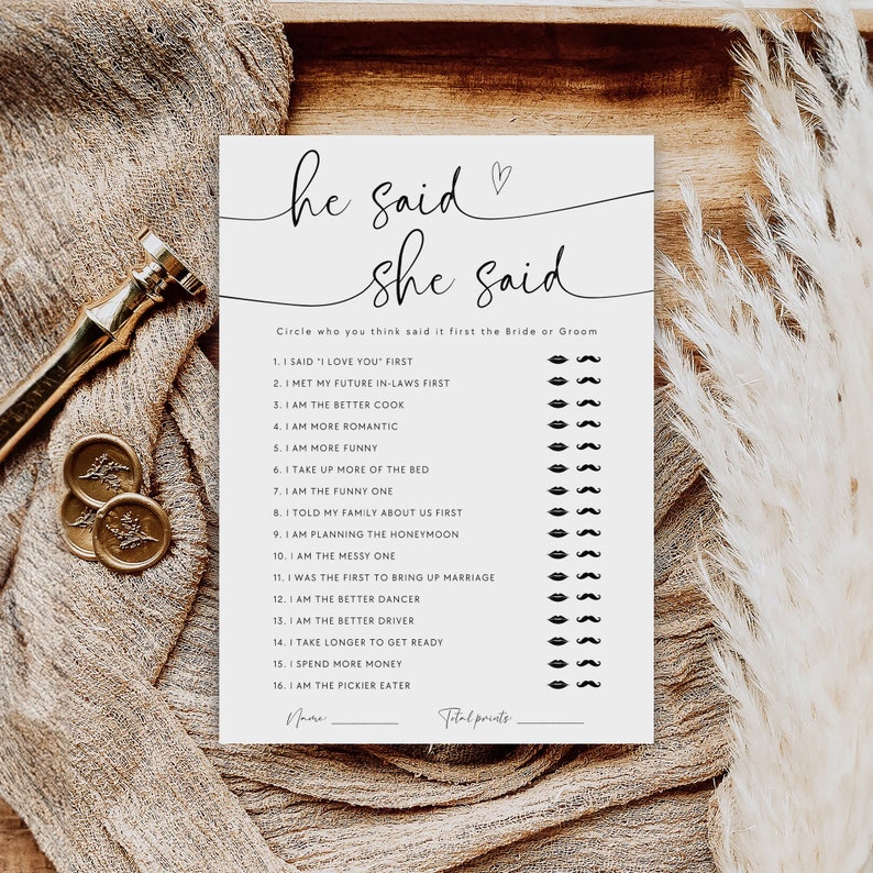 He Said She Said Bridal Shower Game, Editable Template (PDF) image 1