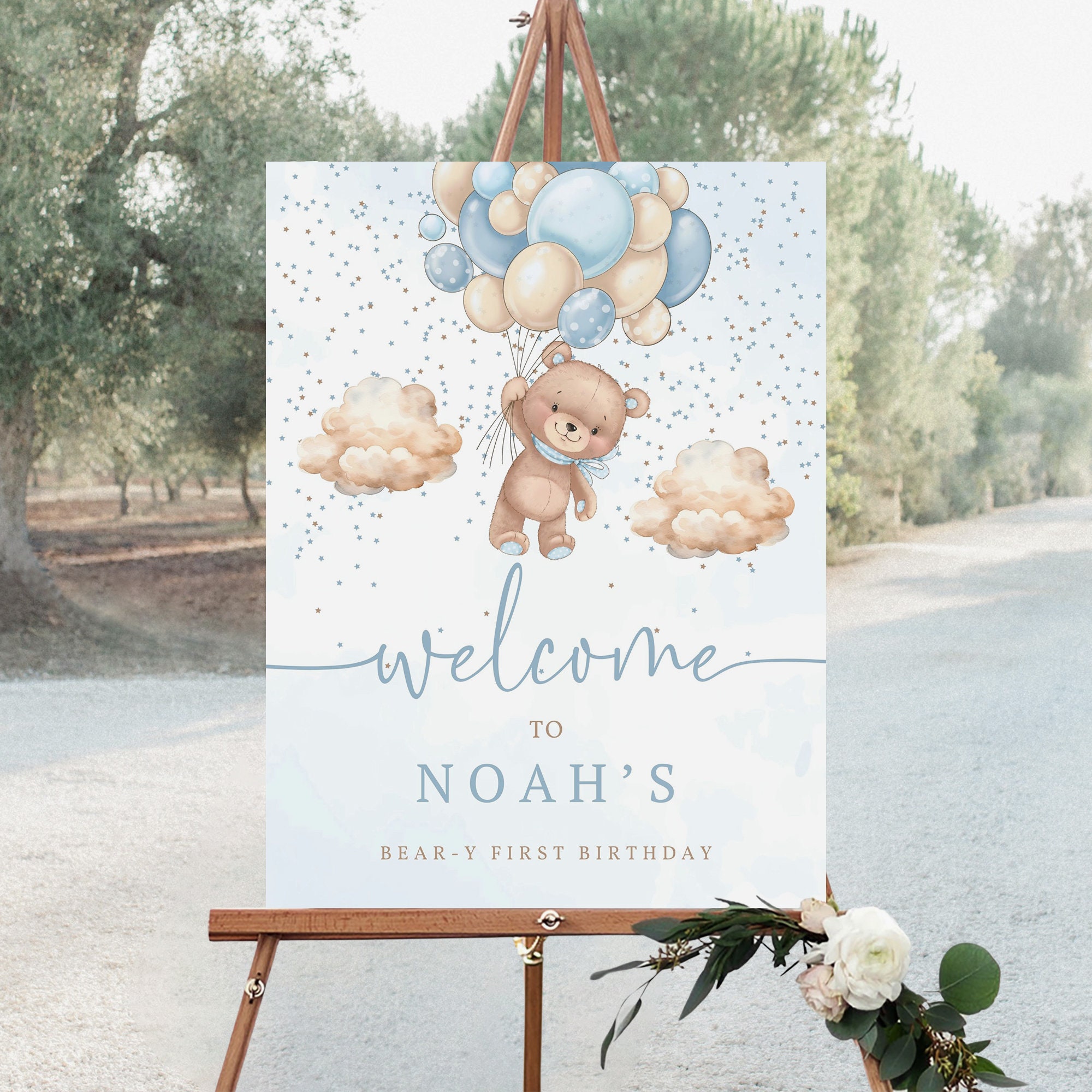 Teddy Bear 1st Birthday Welcome Sign, Blue Balloons (printable ...