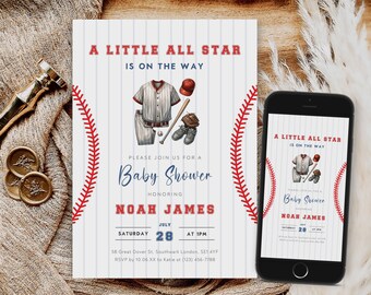 May include: A baseball themed baby shower invitation with a blue and white striped background. The invitation features a baseball uniform, bat, glove, and baseball. The text reads "A Little All Star is on the Way" and "Please join us for a Baby Shower honouring Noah James".
