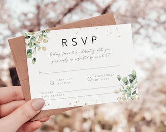 Greenery Wedding RSVP Card Template, Modern Green and Gold (Instant Download)