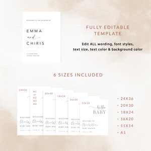 May include: A template for a wedding invitation or baby shower announcement. The template is fully editable and comes in six sizes: 24x36 inches, 20x30 inches, 18x24 inches, 16x20 inches, 11x14 inches, and A1. The template features a simple, elegant design with a white background and brown text.