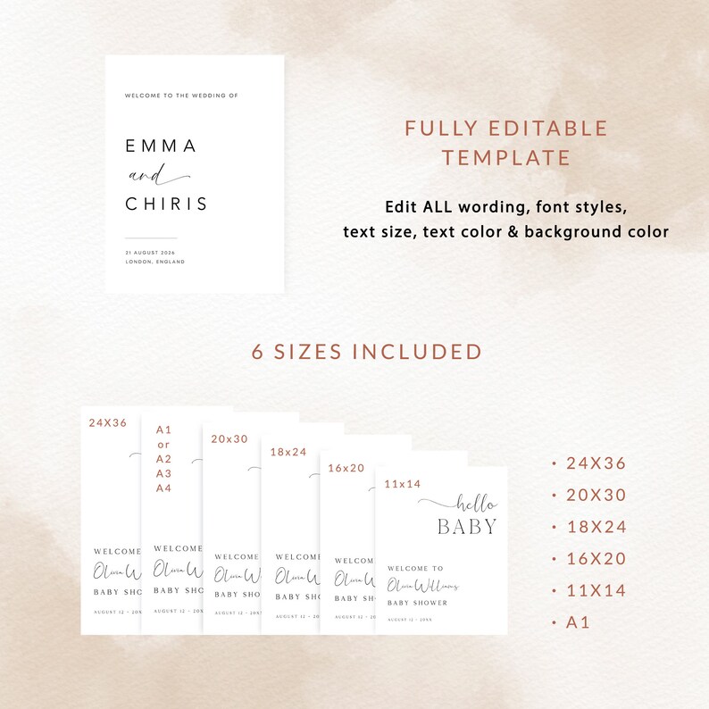 May include: A template for a wedding invitation or baby shower announcement. The template is fully editable and comes in six sizes: 24x36 inches, 20x30 inches, 18x24 inches, 16x20 inches, 11x14 inches, and A1. The template features a simple, elegant design with a white background and brown text.