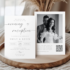 May include: A wedding invitation featuring a black and white photograph of a couple. The invitation text reads "evening reception" and includes the names Emily & Kevin, date, time, and location. A QR code is included.