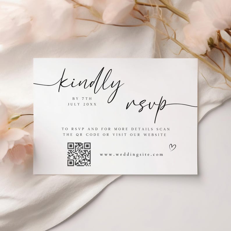 May include: White RSVP card with black text that reads "kindly RSVP by 7th July 20XX". The card also includes a QR code and the website address "www.weddingsite.com".