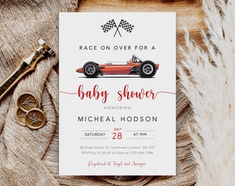 Editable Race Car Baby Shower Invitation, Vintage Style (Digital File)