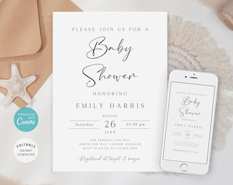 Minimalist Baby Shower Invitation Template, Gender Neutral (Digital Download)