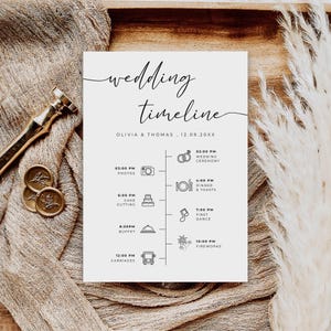 May include: A white wedding timeline card featuring black text and icons. The header reads wedding timeline, followed by Olivia & Thomas, 12.09.20XX. A vertical line connects icons for ceremony, photos, dinner, cake, dance, buffet, fireworks, and carriages.