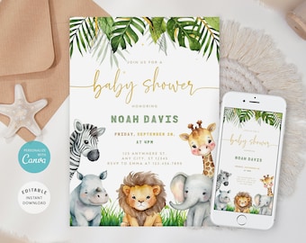 May include: A baby shower invitation with a jungle theme. The invitation features a watercolor illustration of a lion, giraffe, zebra, rhino, and elephant. The text on the invitation reads "Join us for a baby shower honoring Noah Davis. Friday, September 20. at UPM. 123 Anywhere St. Any City, ST 12345. RSVP to Emma at 123-456.7890."