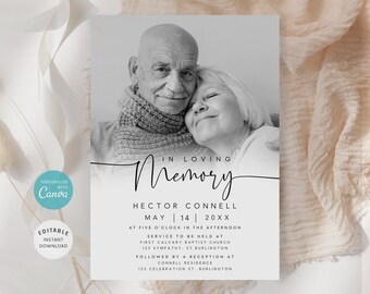 May include: A monochrome memorial card with a photograph of an elderly couple. The text "In Loving Memory" is above the name "Hector Connell" and event details. The card includes the text "Personalise with Canva" and "Editable Instant Download".
