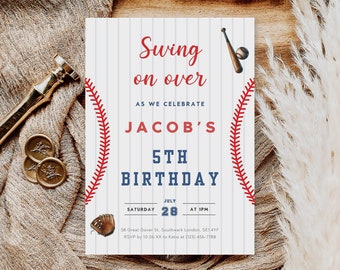 May include: Baseball-themed birthday party invitation with red and blue stitching, a baseball bat and ball, and the text "Swing on over as we celebrate Jacob's 5th Birthday. Saturday, July 28 at 1 PM. 58 Great Dover St. Southwark London. SE1 4YF. RSVP by 10.06.XX to Katie at (123) 456-7788"
