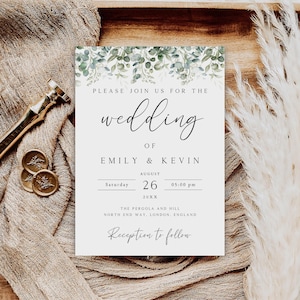 Eucalyptus Wedding Invitation Template, Botanical Wedding Invite, Editable Minimalist Wedding Invite, Leaves Wedding Invitation, WI-180