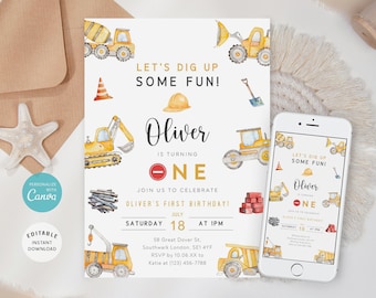 Construction First Birthday Invitation, Dump Truck Party (Digital Download)