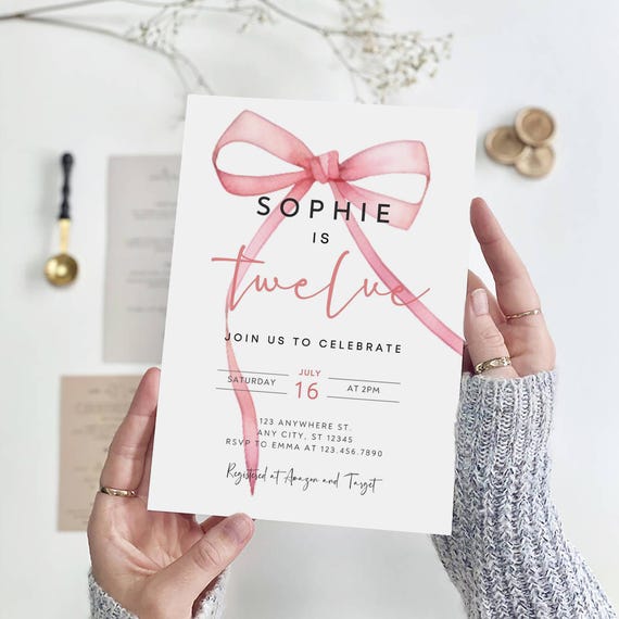 Twelve Birthday Invitation Template, Pink Bow 12th Birthday Invite, Editable Coquette Twelve Birthday Invitation, Instant Download, B-771