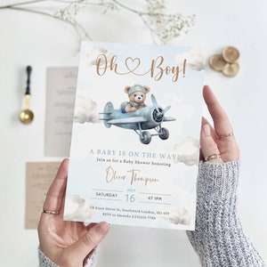 Airplane Bear Baby Shower Invitation, Oh Boy Baby Shower Invite, Blue Airplane Baby Shower Invitation, Editable Template, B-485
