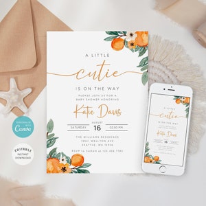 Puede incluir: Una invitaci&oacute;n de baby shower blanca con una ilustraci&oacute;n de acuarela de flores de azahar y hojas. El texto dice "A Little Cutie is on the Way" e incluye el nombre "Katie Davis" y la fecha "August 16".