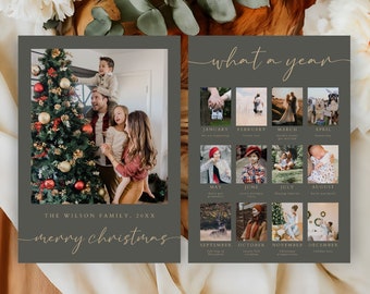 May include: A Christmas card featuring a family of four standing in front of a decorated Christmas tree. The card includes a calendar of events from the past year, with photos for each month. The text "The Wilson Family, 20XX merry christmas" is printed on the card.
