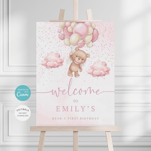 Bearbeitbares Mädchen-Rosa Bär-Babyparty-Willkommensschild, Teddybär-Geburtstag-Willkommensplakat, erster Geburtstag-Willkommensschild, BS-26