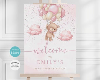 Panneau de bienvenue modifiable pour baby shower fille ours rose, affiche de bienvenue anniversaire ours en peluche, panneau de bienvenue premier anniversaire, BS-26