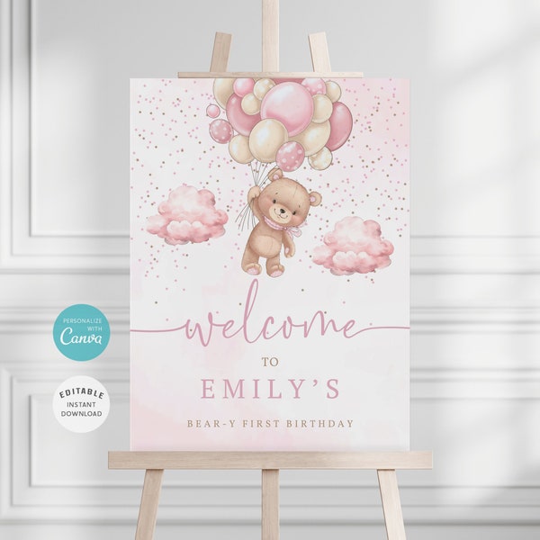 Panneau de bienvenue modifiable pour baby shower fille ours rose, affiche de bienvenue anniversaire ours en peluche, panneau de bienvenue premier anniversaire, BS-26