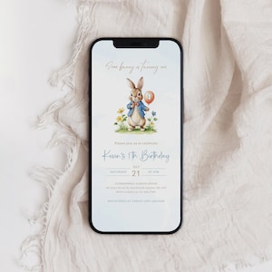 Invito elettronico per il compleanno di Peter Rabbit, invito per il primo compleanno di Bunny, 1° compleanno, download digitale, invito per cellulare da inviare tramite SMS, B-200
