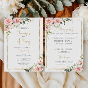 Rosa Rose Hochzeitsprogramm Vorlage, Ordnung des Service, Rosa Blumen Hochzeitsprogramm, Hochzeitszeremonie Vorlage, doppelseitig, WS-11