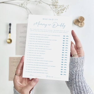 Jongen baby shower spel, mama of papa spel, mama of papa Raad eens wie spel, raad eens wie het zei, Baby Blue Douche Games, B-69