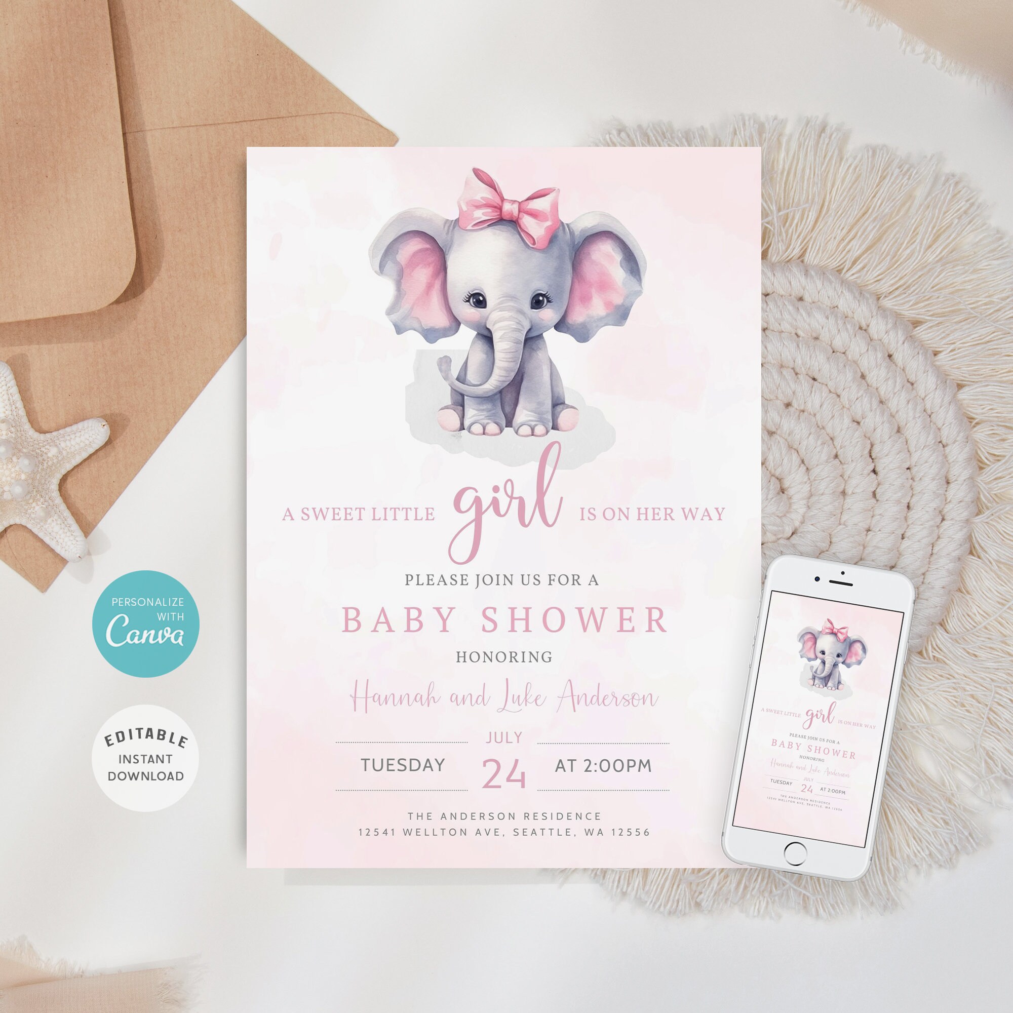 EDITABLE Pink Elephant Baby Shower Invitation, Girl Baby Elephant ...