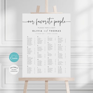 May include: A white wedding seating chart with the text "our favourite people" at the top. The chart lists guests alphabetically by last name with their table numbers. The chart is on a wooden easel.