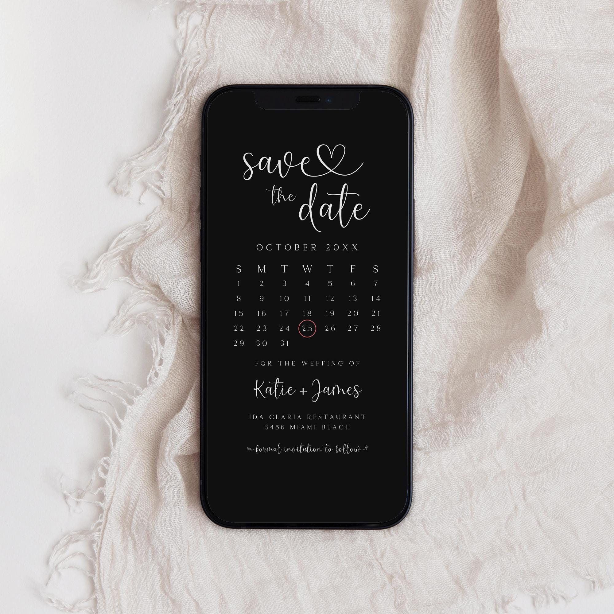 Elektronisch Save the Date mit Kalender, Schwarz Save the Date Digital Download, außer unserem Datum Evite, Hochzeitsankündigungs-Textnachricht, SD-111
