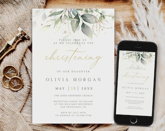 Botanical Eucalyptus Christening Invitation Template (Digital Download)
