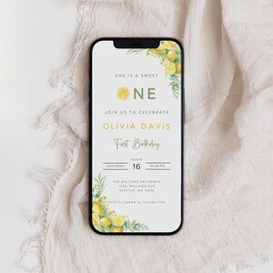 Zitrone Erster Geburtstag Einladungsvorlage, Citrus Bday Digitale Einladung, Digitale Einladung zur Sommer Geburtstagsfeier, Bearbeitbares E-vite, B-519