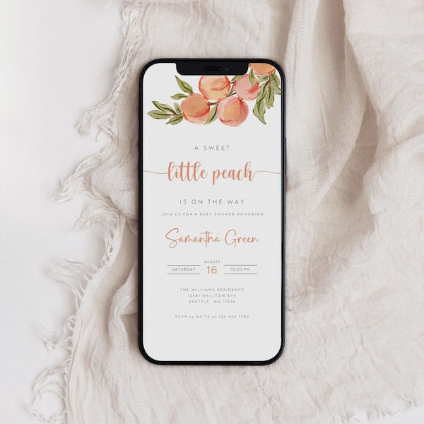 Editable Peach Baby Shower Evite, Girl Baby Shower Electronic Invite, A Sweet Peach Baby Shower Evite, Instant Download, Text Message, B-248