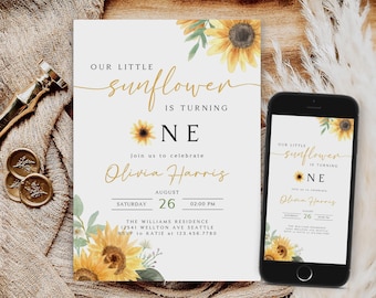 Rustic Sunflower 1st Birthday Invitation Template (Digital Download)
