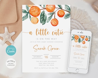 Invitación para baby shower "Little Cutie", temática naranja (descarga digital)