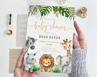 May include: A baby shower invitation with a jungle theme. The invitation features a watercolor illustration of a zebra, giraffe, rhino, lion, and elephant. The text on the invitation reads "Join us for a baby shower honoring Noah Davis, Friday, September 20, at 4pm, 123 Anywhere St, Any City, ST 12345, RSVP to Emma at 123.456.7890."