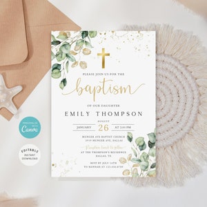 May include: A white baptism invitation with gold lettering and a watercolor illustration of eucalyptus leaves. The invitation reads "Please join us for the baptism of our daughter Emily Thompson, August 26 at 2:00 PM, Munger Ave Baptist Church, 3919 Munger Ave, Dallas. Reception lunch to follow at the Thompson's residence, Dallas, TX. RSVP by July 16th to Hannah at 123.456.0789."
