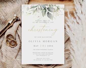 Christening Invitation Template, Botanical Christening Invite, Eucalyptus Greenery Christening Invitation, Editable Template, BT-22